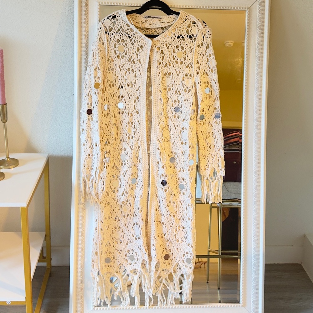Zara Cream Crochet Long Jacket